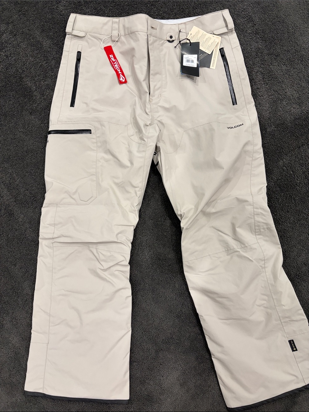 Volcom Men's Light Beige Cargo Snow Pants with Black Zippers